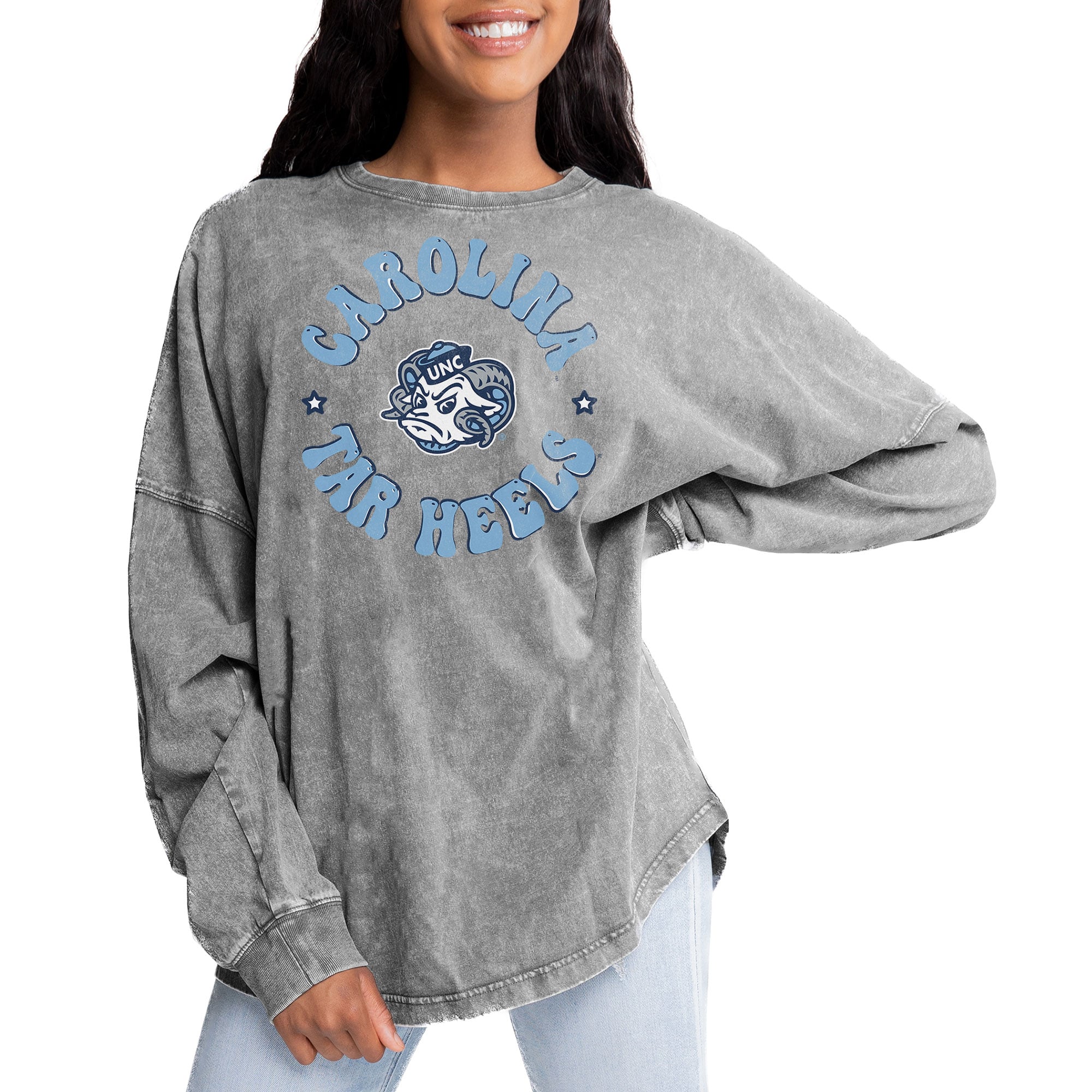 North Carolina Tar Heels Gameday Couture Women's Playing Around Faded Wash Oversized Long Sleeve T-Shirt - Gray