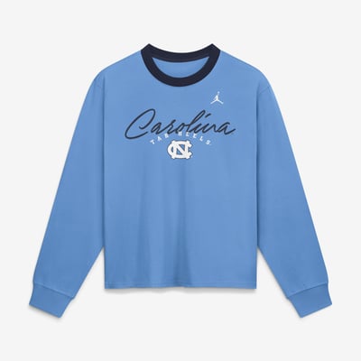  North Carolina Tar Heels Jordan Brand Women's Ringer Boxy Long Sleeve T-Shirt - Light Blue