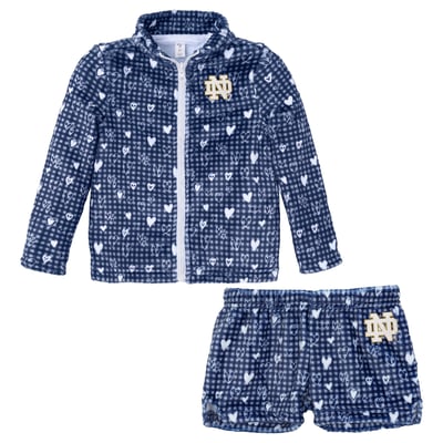 Notre Dame Fighting Irish ZooZatz Girls Toddler Heart Plaid Plush Full-Zip Jacket & Shorts Set - Navy