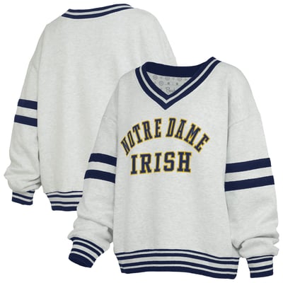 Notre Dame Fighting Irish Pressbox Women's Tackle Twill Oates V-Neck Sweatshirt - Heather Gray/Navy