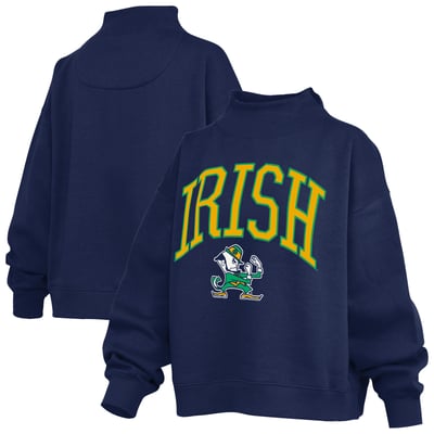  Notre Dame Fighting Irish Pressbox Women's Oversized Slogan Fleece Mock Neck Sweatshirt - Navy