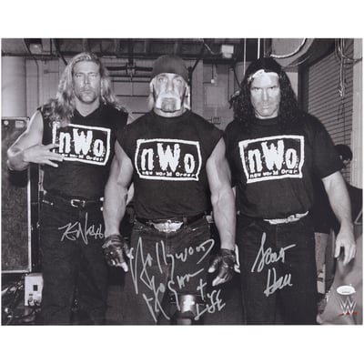 Hulk Hogan, Scott Hall & Kevin Nash WWE Autographed Fanatics Authentic 16" x 20" NWO Black & White Photograph with "4 Life" Inscription