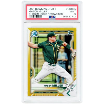 Mason Miller Oakland Athletics 2021 Bowman Chrome 1st Bowman Gold Refractor #BDC-85 #26/50 PSA Authenticated 9 Card