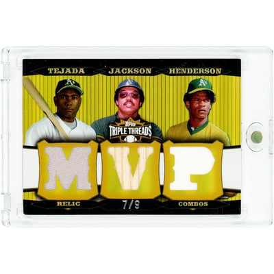 Miguel Tejada, Reggie Jackson & Rickey Henderson Oakland Athletics 2006 Topps Triple Threads Triple Combo Game Used Bat & Dual-Color Jersey Relics #TTRC-196 #7/9 Card