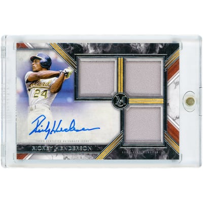 Rickey Henderson Oakland Athletics Autographed 2022 Topps Museum Collection Triple Game Used Relics #SWTRA-RH #75/275 Card
