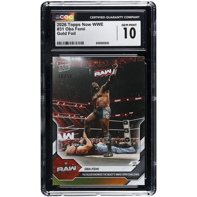 Oba Femi WWE 2026 Topps Now WWE The Ruler Answers The Beast's WM42 Open Challenge Gold Foil #31 #/50 CGC Authenticated GEM MINT 10 Card