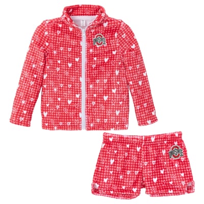 Ohio State Buckeyes ZooZatz Girls Toddler Heart Plaid Plush Full-Zip Jacket & Shorts Set - Scarlet