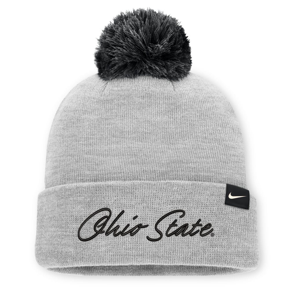 Ohio State Buckeyes Nike Unisex Primetime Script Cuffed Knit Hat with Pom - Heather Gray