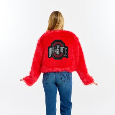  Ohio State Buckeyes by Jill Martin Women's Faux Fur Bedazzled Patch Open-Front Jacket - Scarlet