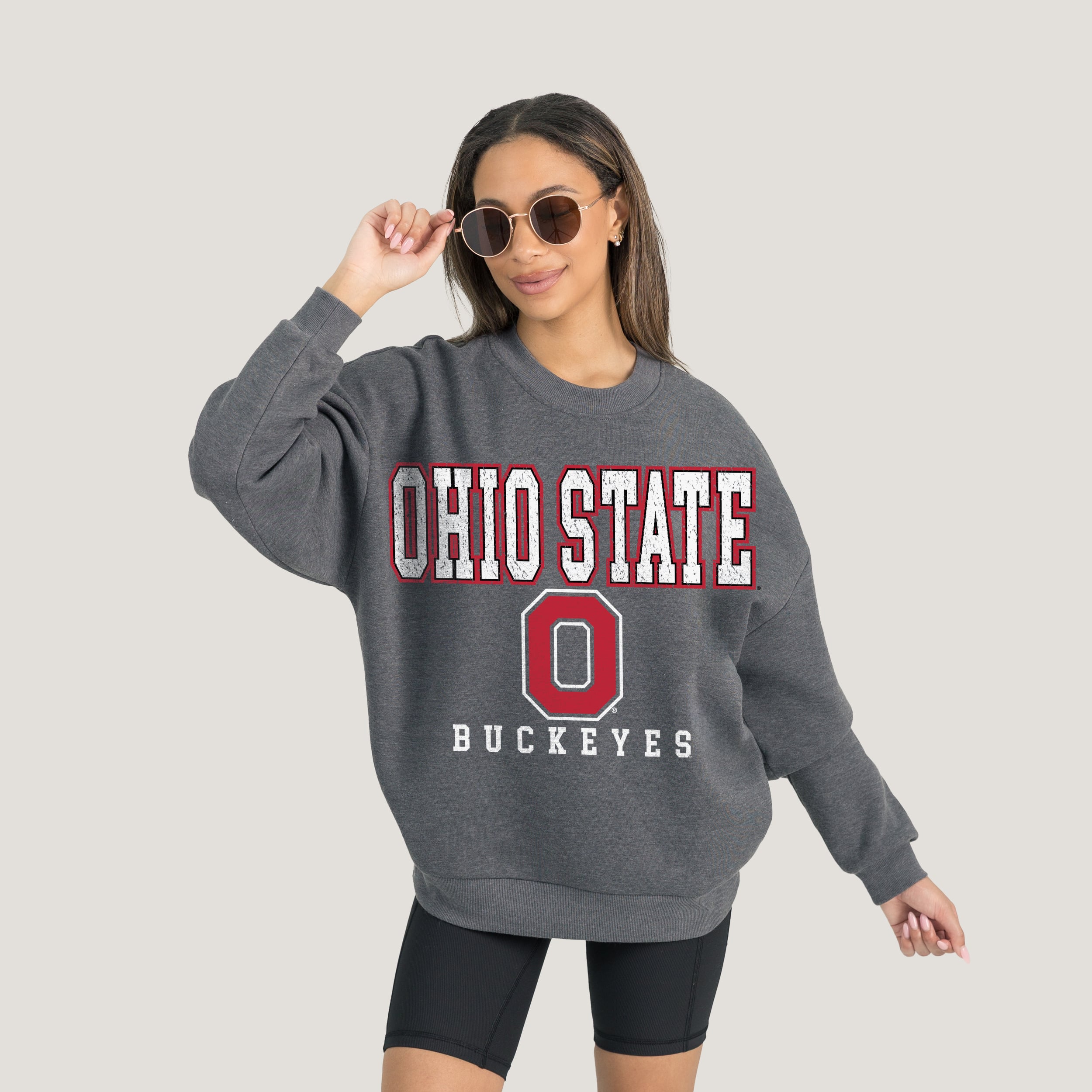 Ohio State Buckeyes Gameday Couture Women's Oversized Distressed Fleece Pullover Sweatshirt - Heather Charcoal