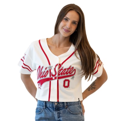 Ohio State Buckeyes Gameday Social Women's Cropped Patch Baseball Fashion Jersey - Off White