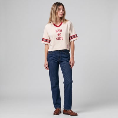 Ohio State Buckeyes Mitchell & Ness Women's Retro Roots Crop Boxy Yoke T-Shirt - Cream
