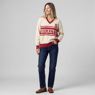 Ohio State Buckeyes Mitchell & Ness Women's Retro Roots V-Neck Sweater - Cream
