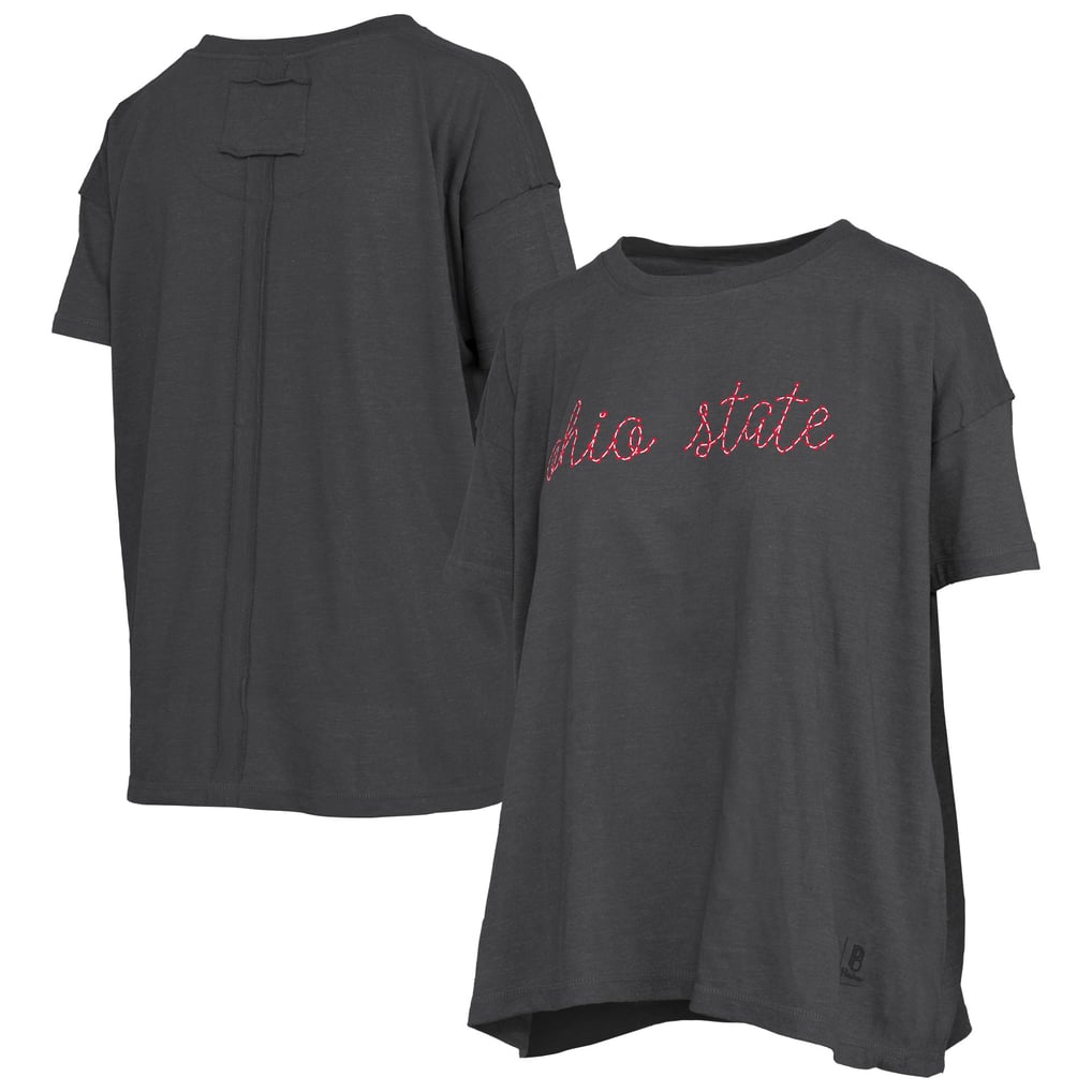 Ohio State Buckeyes Pressbox Women's Swirl Script Twisted Team Color Stitched Oversized T-Shirt - Heather Black