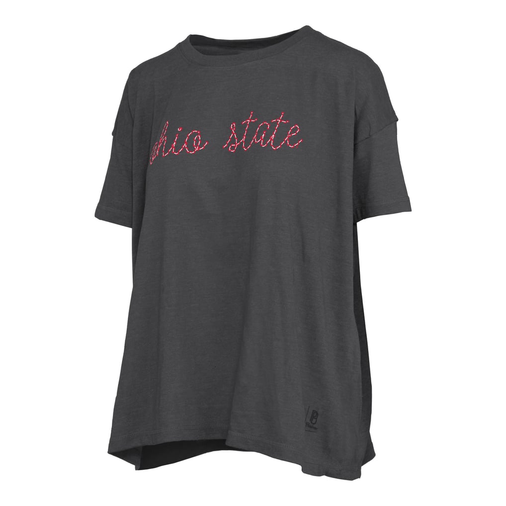  Ohio State Buckeyes Pressbox Women's Swirl Script Twisted Team Color Stitched Oversized T-Shirt - Heather Black