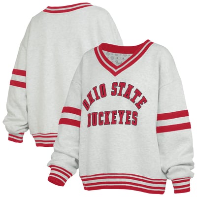 Ohio State Buckeyes Pressbox Women's Tackle Twill Oates V-Neck Sweatshirt - Heather Gray/Scarlet