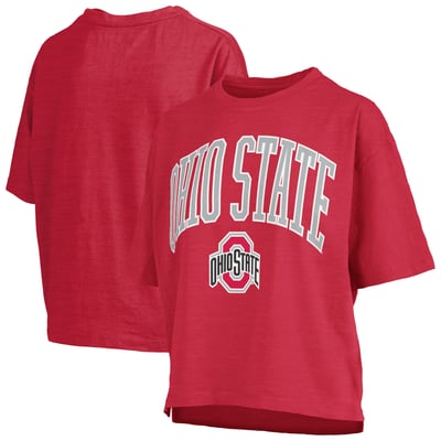 Ohio State Buckeyes Pressbox Women's Oversized Nelson Arch Over Logo Slub T-Shirt - Scarlet