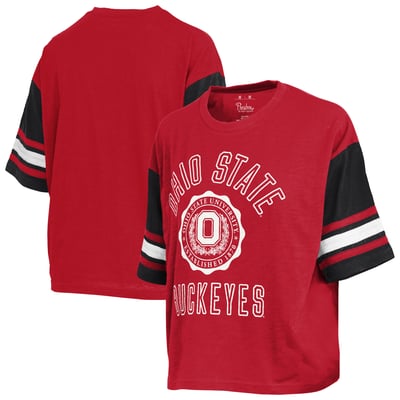  Ohio State Buckeyes Pressbox Women's Sunday Colorblock Seal Slub T-Shirt - Scarlet