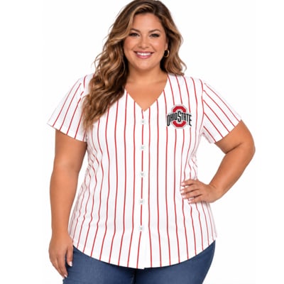 Ohio State Buckeyes Profile Women's Plus Size Stripe Glitter Button-Up Fashion Jersey Top - White/Scarlet
