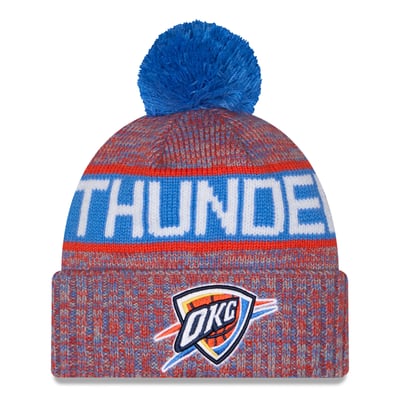 Oklahoma City Thunder New Era Tri-Color Cuffed Knit Hat with Pom - Blue/Orange