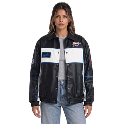  Oklahoma City Thunder The Wild Collective Women's Faux Leather Racing Full-Snap Jacket - Black