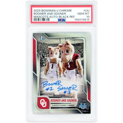 Boomer & Sooner Oklahoma Sooners Autographed 2025 Bowman Chrome U Mascots Auto Black Refractor #BCM-OU #5/10 PSA Authenticated 10 Card