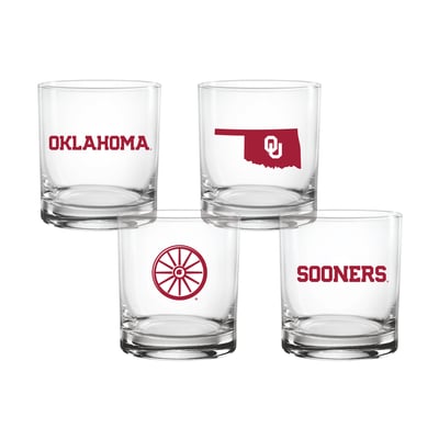  Oklahoma Sooners Indigo Falls Core 4-Pack Collectors Rocks Glass Set