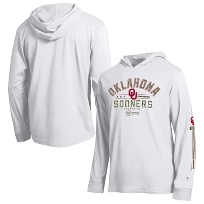  Oklahoma Sooners Champion Operation Hat Trick Sleeve Line Hooded Long Sleeve T-Shirt - White