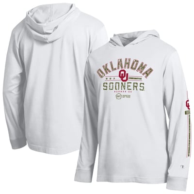  Oklahoma Sooners Champion Operation Hat Trick Sleeve Line Hooded Long Sleeve T-Shirt - White