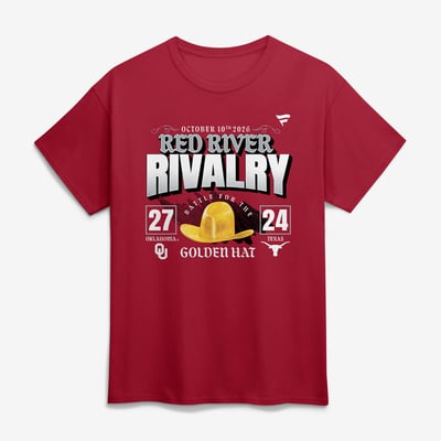 Oklahoma Sooners vs. Texas Longhorns 2026 Red River Rivalry Score T-Shirt - Crimson