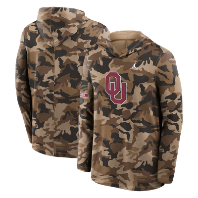 Oklahoma Sooners Jordan Brand 2026 Military Appreciation Sideline Dri-FIT Hooded Long Sleeve T-Shirt - Camo