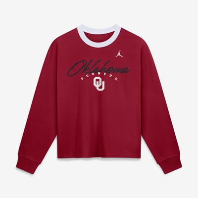 Oklahoma Sooners Jordan Brand Women's Ringer Boxy Long Sleeve T-Shirt - Crimson