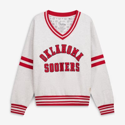 Oklahoma Sooners Pressbox Women's Tackle Twill Oates V-Neck Sweatshirt - Heather Gray/Crimson