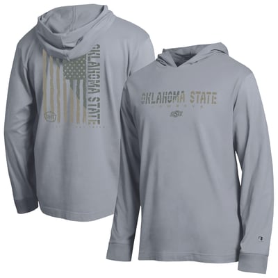  Oklahoma State Cowboys Champion Operation Hat Trick Flag Hooded Long Sleeve T-Shirt - Heather Gray