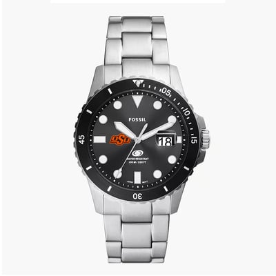 Oklahoma State Cowboys Fossil Blue Dive Three-Hand Date Stainless Steel Watch - Silver