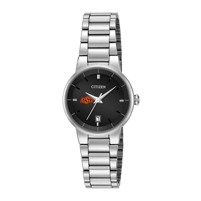 Oklahoma State Cowboys Citizen Watch Women's Black Dial Stainless Steel Watch - Silver