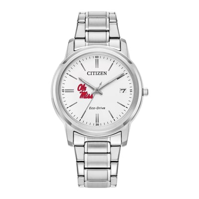 Ole Miss Rebels Citizen Watch Women's Eco-Drive White Dial Stainless Steel Watch - Silver