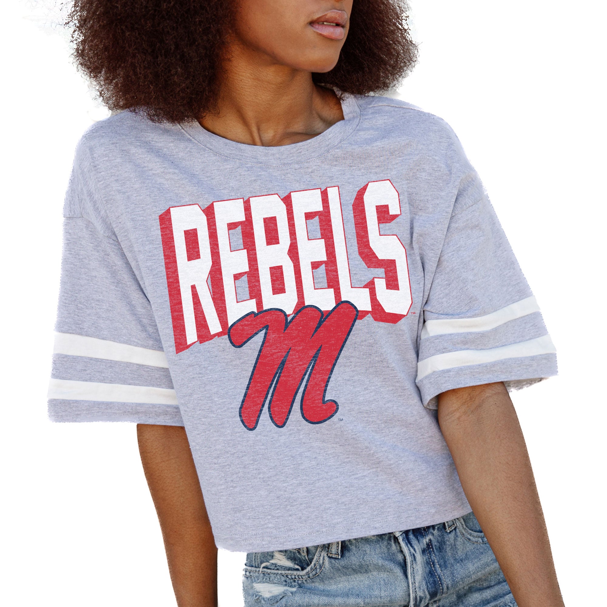 Women's Gameday Couture Gray Ole Miss Rebels No Shortcuts Drop Shoulder Sleeve Stripe Cropped T-Shirt