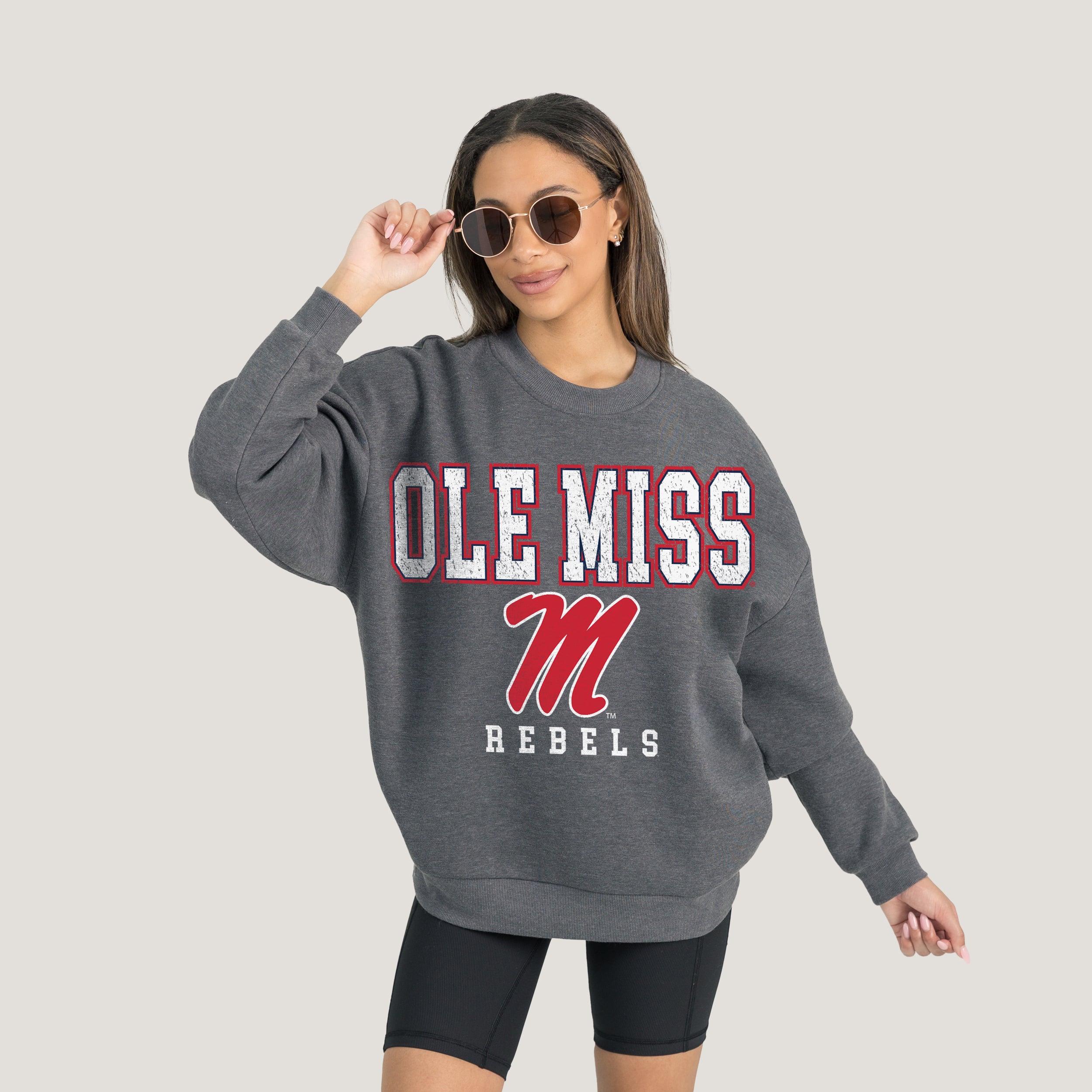 Ole Miss Rebels Gameday Couture Women's Oversized Distressed Fleece Pullover Sweatshirt - Heather Charcoal