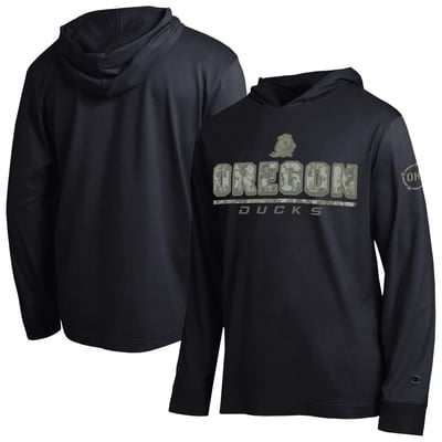  Oregon Ducks Champion Operation Hat Trick Camo Script Hooded Long Sleeve T-Shirt - Black