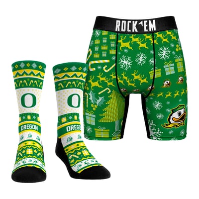  Oregon Ducks Rock Em Holiday Tacky Sweater Underwear and Crew Socks Combo Pack - Green