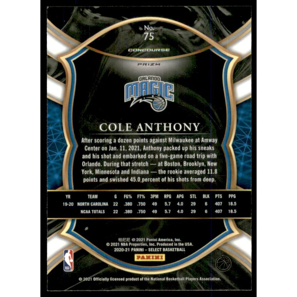 2020-21 Select Prizms Silver #75 Cole Anthony