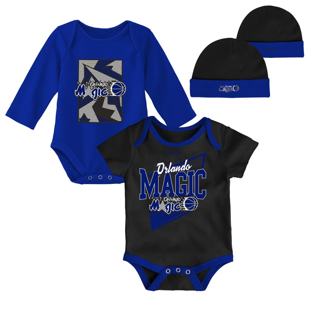 Orlando Magic Mitchell & Ness Infant Hardwood Classics Bodysuits & Cuffed Knit Hat Set - Black/Blue