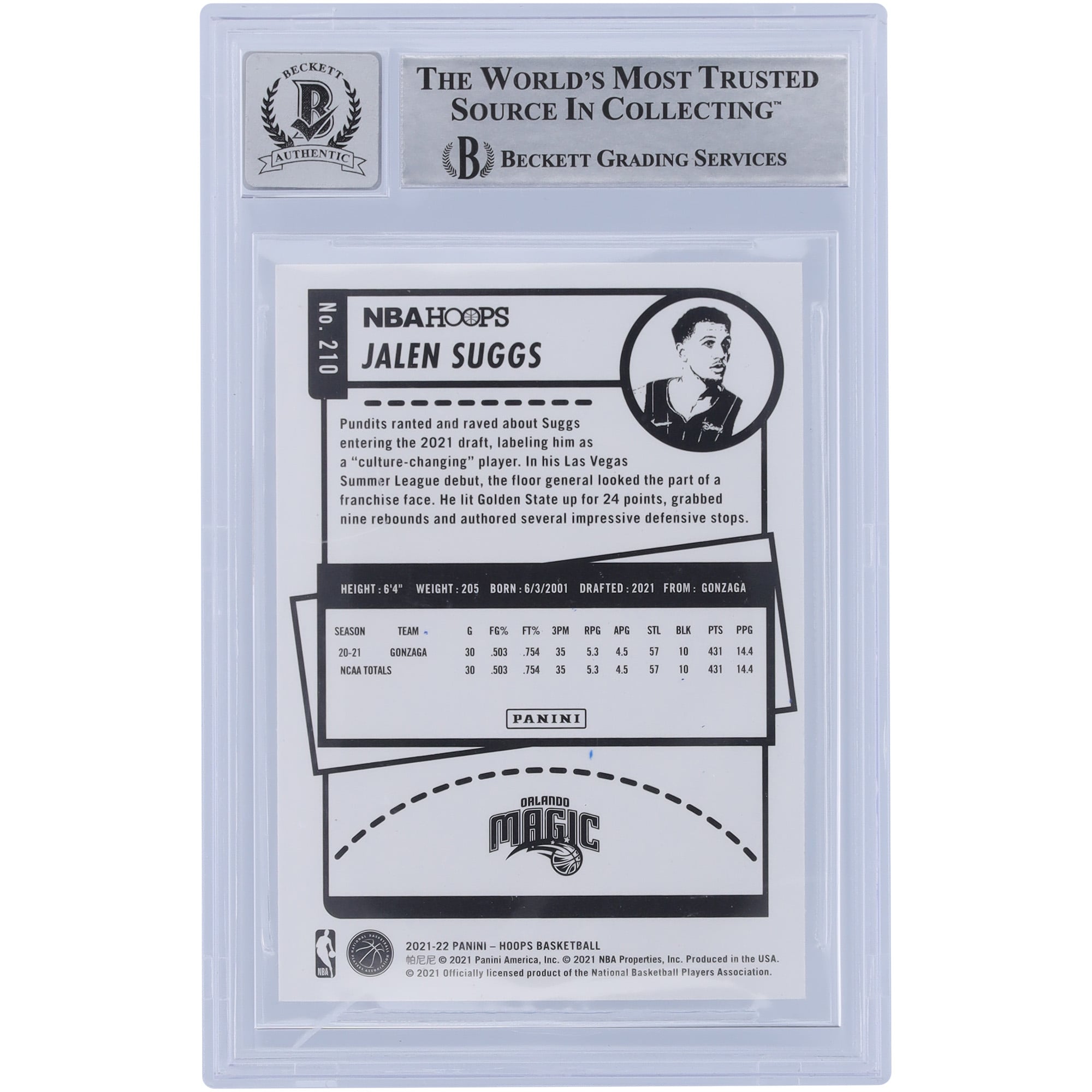Jalen Suggs Orlando Magic Autographed 2021-22 Panini NBA Hoops
