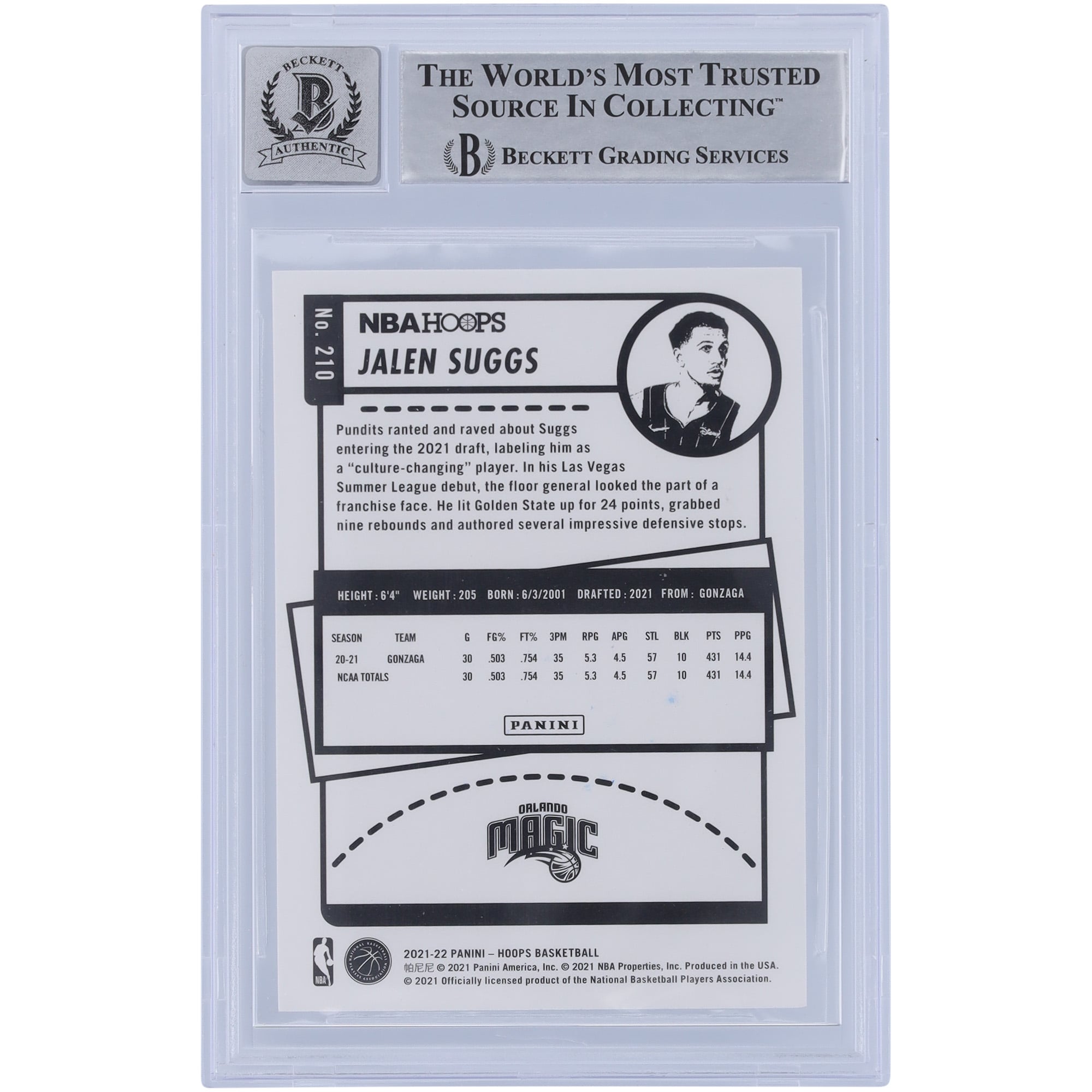 Jalen Suggs Orlando Magic Autographed 2021-22 Panini NBA Hoops
