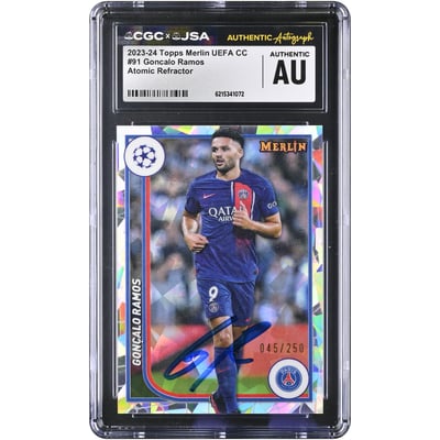 Gonçalo Ramos Paris Saint-Germain Autographed 2023-24 Topps Merlin UEFA CC Atomic Refractor #91 CGC Authenticated Card