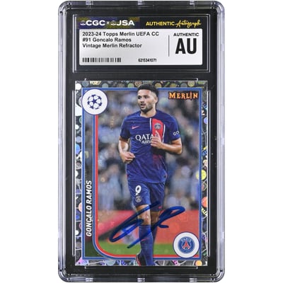 Gonçalo Ramos Paris Saint-Germain Autographed 2023-24 Topps Merlin UEFA CC Vintage Merlin Refractor #91 CGC Authenticated Card