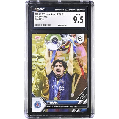 Vitinha Paris Saint-Germain 2025-26 Topps Now UEFA CL Player of the Match Performance in UCL Final Gold Foil #142 #/50 CGC Authenticated MINT+ 9.5 Card