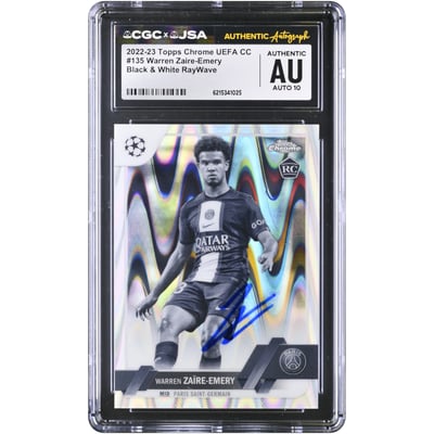 Warren Zaïre-Emery Paris Saint-Germain Autographed 2022-23 Topps Chrome UEFA CC Black & White RayWave #135 CGC Authenticated AUTO 10 Rookie Card