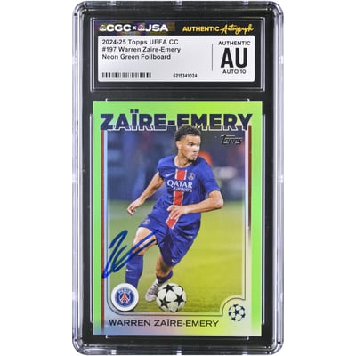 Warren Zaïre-Emery Paris Saint-Germain Autographed 2024-25 Topps UEFA CC Neon Green Foilboard #197 #/199 CGC Authenticated AUTO 10 Card